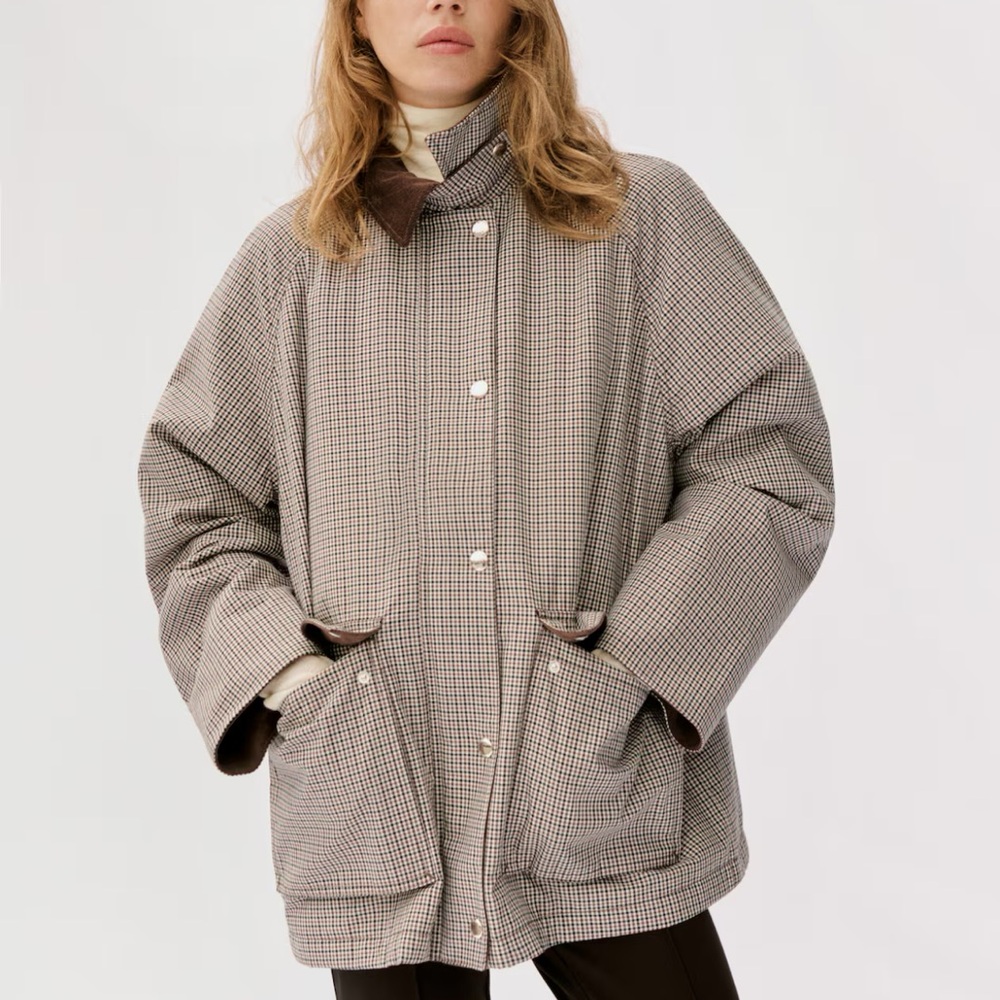 H&M Checkered/ Plain Jacket With Corduroy Collar Brown/ Navy print NWT - Picture 3 of 7